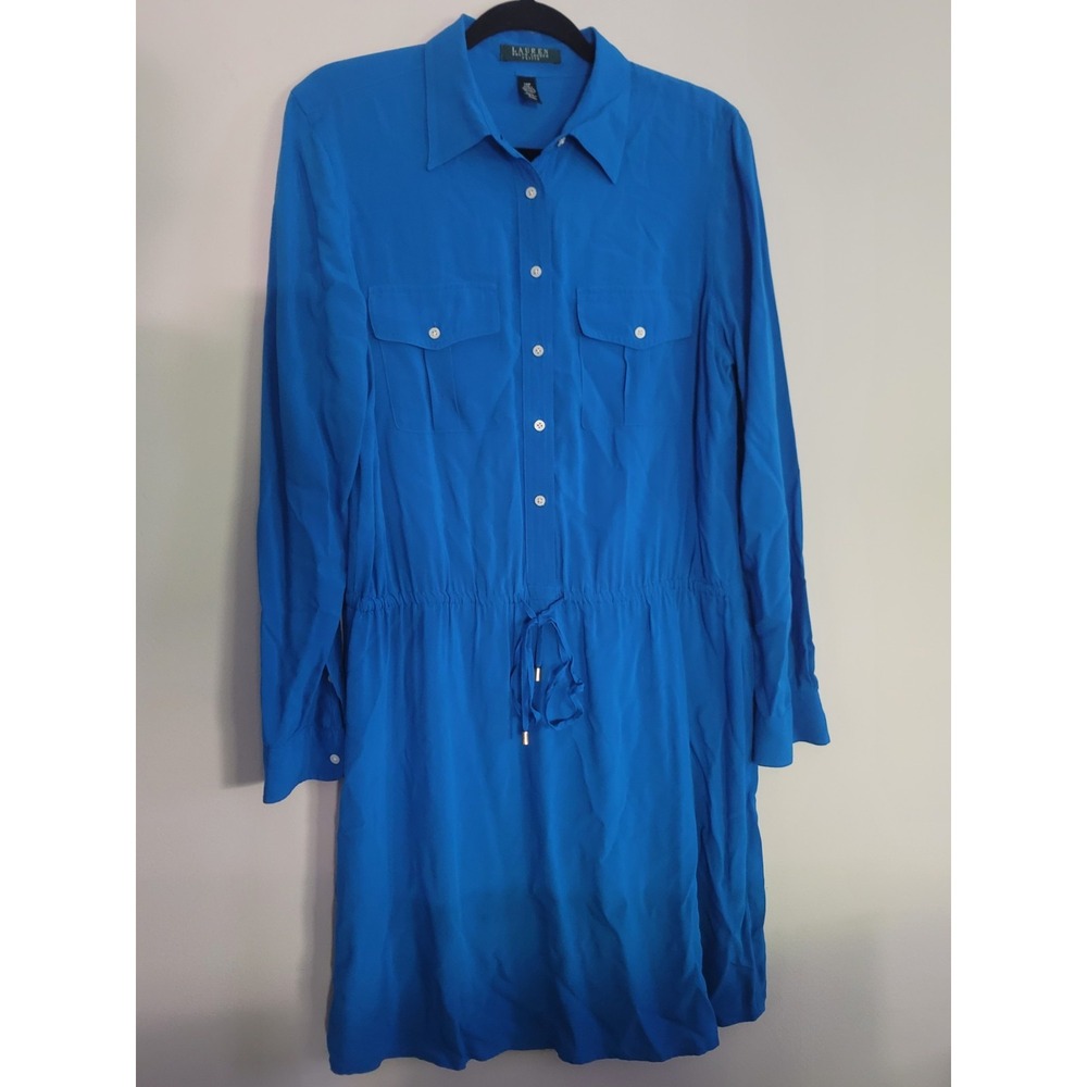 Lauren Ralph Lauren Dress 10P Blue Shirt Dress Drawstring Waist Career Petite - Picture 6 of 7